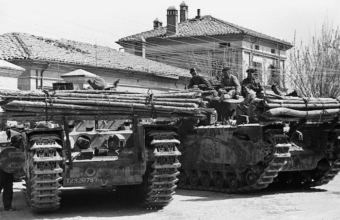 Kaye, George, 1914- :Flame throwing tanks (Crocodiles) wait in Granarolo dell'Emilia, front line village in the Senio sector, Italy