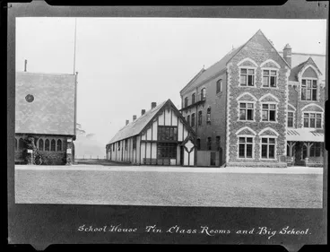 Image: Buildings on the west side of the quadrangle at Christ's College, Christchurch, including School House, tin class rooms, and Big School