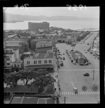 Image: Kent and Cambridge Terraces, Wellington, including 'Taj Mahal' toilets, Duncans Corner, Jones Metal Company Limited, Hotel Selwyn, Firestone, Old Post Office, site of trolley bus terminus for Karori and Wadestown, and Wellington Harbour