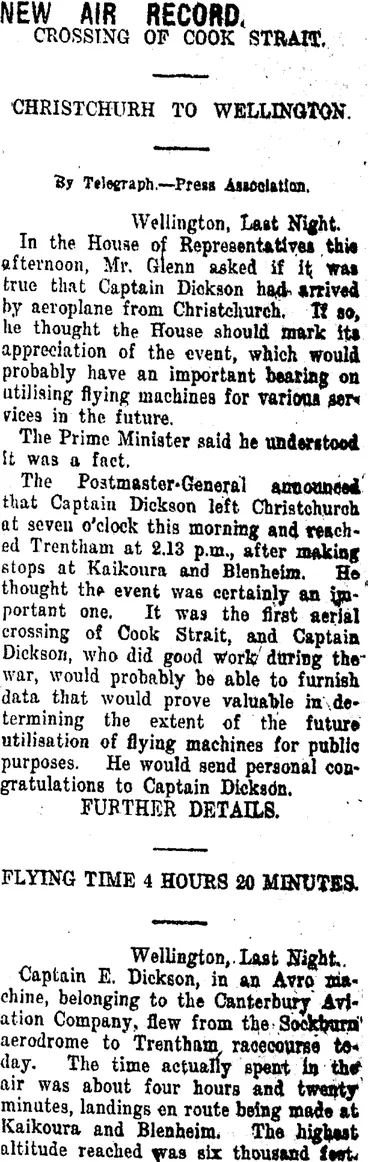 Image: NEW AIR RECORD. (Taranaki Daily News 26-8-1920)