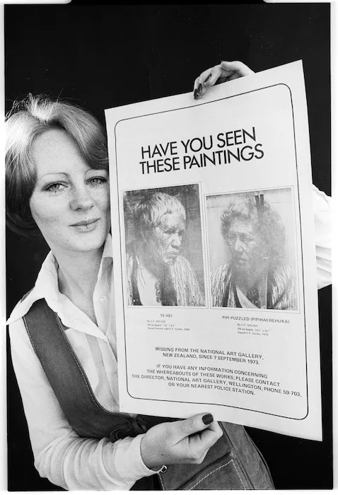 Catherine Perry holding poster depicting lost paintings by Goldie