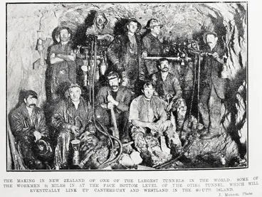 Image: The making in New Zealand of one of the largest tunnels in the world : some of the workmen 3 1/2 miles in at the face bottom level of the Otira Tunnel, which will eventually link up Canterbury and Westland in the South Island