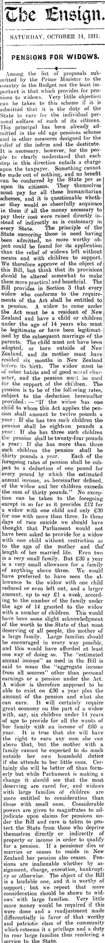 Image: The Ensign. SATURDAY, OCTOBER 14, 1911. PENSIONS FOR WIDOWS. (Mataura Ensign 14-10-1911)