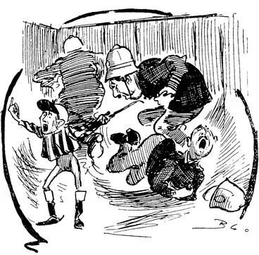 Image: POISONED POLICEMEN.���A CASE OF  Juvenile Jockey (at Paeroa Racecourse) : Aye, boys, hurry up. Here's the coppers all down with bad insides. It's the fun of yer life ; never see it again. Yer can laugh, and they can't run yer in. (Observer, 31 March 1906)