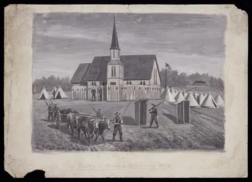 Image: Messenger, Arthur Herbert, 1877-1962 :Mauku - Church and military camp, 1863. 1922