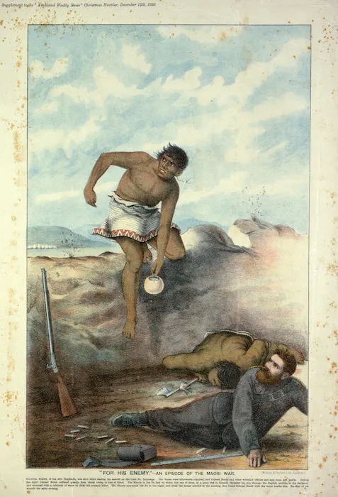 Wilson & Horton (Firm) :"For his enemy." - An episode of the Maori War. Wilson & Horton, lith. Auckland, Wilson & Horton, 1895.