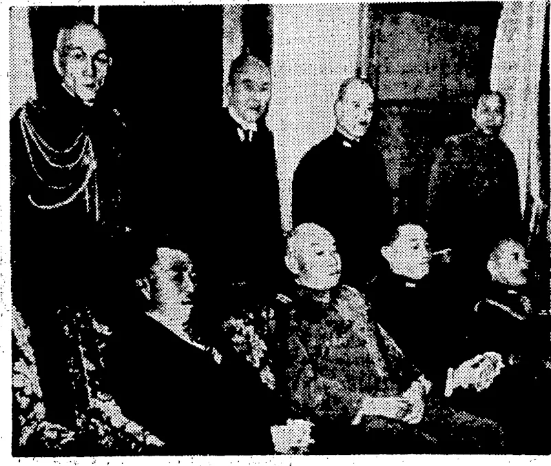 The' War in China, inLiis military, naval,and 'economic .aspects,, is frequently.'reviewed 'at a, joint meeting of staff officers from the Japanese* Imperial Headquarters and Government representatives. Sealed,: from left:.-■ Prince Konoye; Prime Minister;. Lieut.-General Hajime Sugiyama? Minister _of War; Vice-Admiral Mitsitbasd Yonai, Minister 'of. Marine;'' Vice-Admiral Shimada, V,ice?Chief .of the General Naval Staff. . Standing: Lieut.-General Hayao Tada, Vice-] Chief of the Army General Staff; Mr. AkiraiKazami,;chief secretary of the Cabinet; Vice-Admiral Shigeyoshilnoue,-Director of the Naval Affairs Bureau; 'and Major-Gerieral Kazumpto Machijiri,'Director, of .'..','.,. . ..theMilitary Affairs 8ureau........ ; . ... ■ . (Evening Post, 28 January 1938)