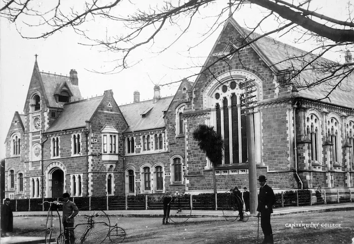 Cyclists outside Canterbury College, Christchurch