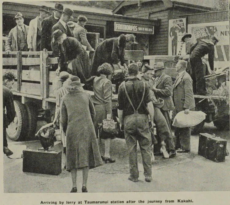 Arriving by lorry at Taumarunui station after the journey from Kakahi