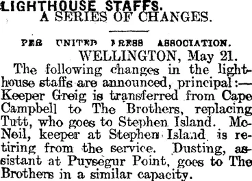 Image: LIGHTHOUSE STAFFS. (Mataura Ensign 22-5-1913)