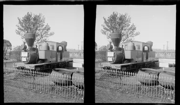 Image: View of the E Class Double-ended Fairlie Steam Locomotive Josephine assembled in '1872' beside whaling pots, Otago Settlers Museum, Dunedin