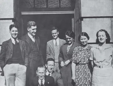 Image: Country Library Service staff in 1940. H.J. Lorimer, G.T. Alley, W.A. Lindsay, J.W. Rawson, J.S. Wright, and J. Lawrence. In front: R. Fogo and N. Barker. Alexander Turnbull Library, B-K 711-7