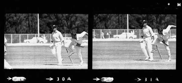 Dick Motz bowling ball in cricket match
