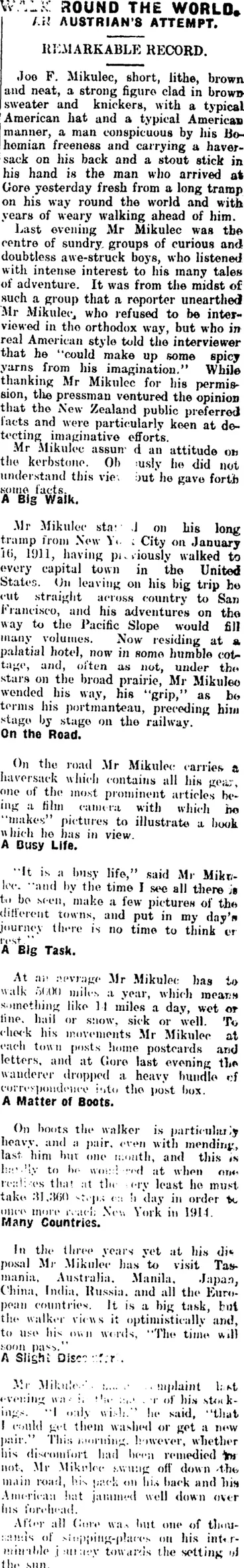 Image: WALK ROUND THE WORLD. (Mataura Ensign 17-8-1911)