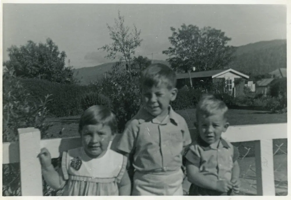 Harris family; Pip, David and John Harris (Beryl and Arthur Harris’s children) at the family home, Sandford St, Upper Hutt, c.1965