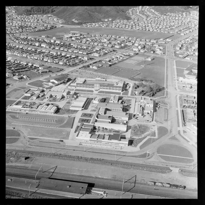 Aerial view of Naenae shopping centre and Waddington Drive, Lower Hutt