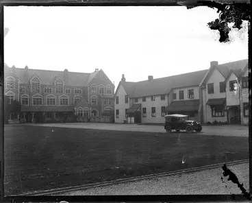 Image: Christ's College buildings, Christchurch, with a motor car in the foreground