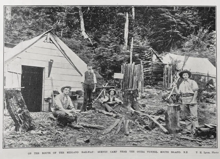 ON THE ROUTE OF THE MIDLAND RAILWAY: SURVEY CAMP NEAR THE OTIRA TUNNEL. SOUTH ISLAND. N.Z.