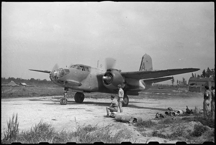 Night bomber on an aerodrome warming up for a test flight, Caserta, Italy, World War II - Photograph taken by George Bull