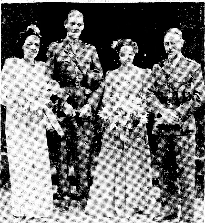 Captain J. E. A. and Mrs. Wheeler and their bridal attendants after their marriage at the Cathedral Church of St. Paul on Friday. From the left, the bride, Captain Wheeler, Mrs. Scott (the ■bride's sister, matron of honour), and Captain R.B: Robertson, best man. The bride is the younger daughter of Mr. and Mrs. H. D. Bennett, of Motueka (formerly of Wellington), and the bridegroom is the eldest son of Mrs. A. M. Wheeler, of Paekakariki. (Evening Post, 15 October 1945)