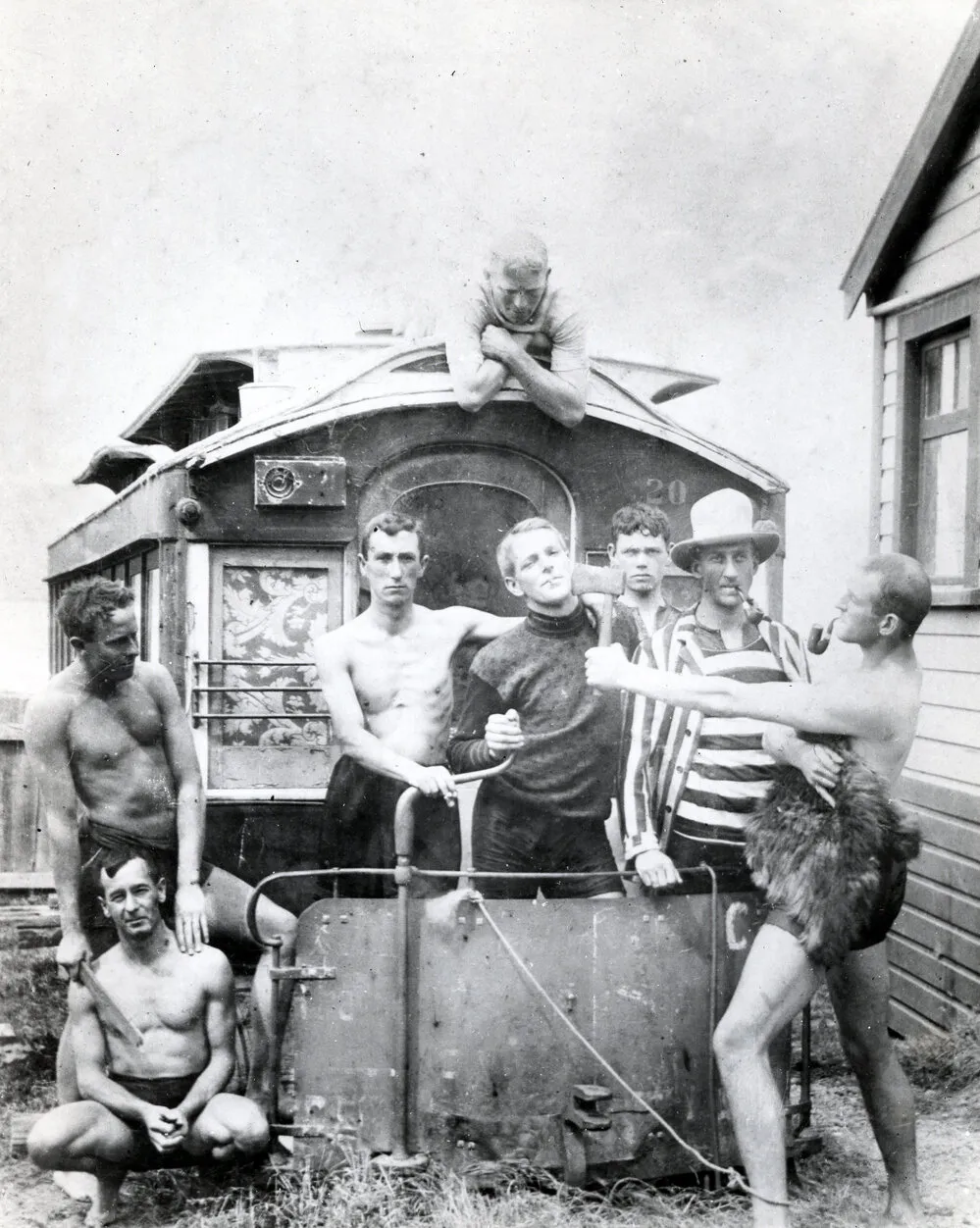 Men with disused steam tram
