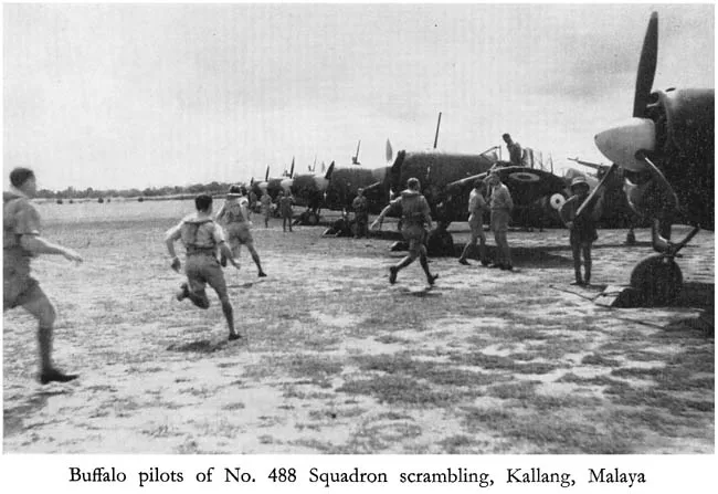 Buffalo pilots of No. 488 Squadron scrambling, Kallang, Malaya