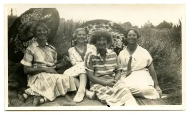 Image: Photograph, Black and White: Doris, Connie, Dorothy and Kitty Lovell-Smith on a picnic rug