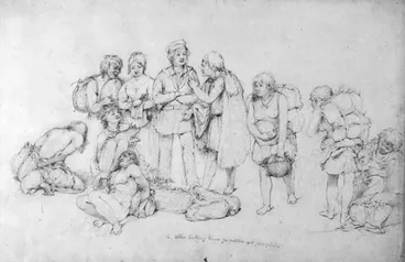 A settler bartering tobacco for potatoes and pumpkin Image: A settler bartering tobacco for potatoes and pumpkin