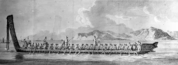 Image: Parkinson, Sydney, 1745-1771 :A war canoe of New Zealand, with a view of Gable End Foreland [ca April 1770]. Plate 16 [1773]