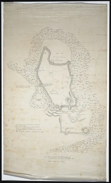 Image: [Plan of Kaiapoi Pa] Tracing from a survey by Alex. Macdonald and a field sketch by Alex. Lean, 23rd April 1870]. [no imprint, 1870] [ms map]