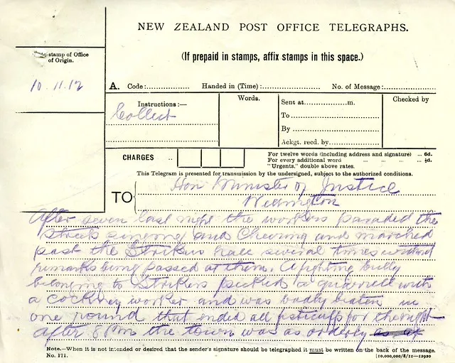 Waihi Strike Telegrams from Police Commissioner John Cullen, 10 November 1912 (1 of 3)