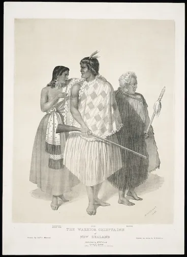 Image: [Merrett, Joseph Jenner] 1815-1854 :The warrior chieftains of New Zealand. Harriett, Heki's wife - Heki - Kawiti. Drawn by Jos.h J. Merrett. Drawn on stone by W. Nicholas. Sydney, W[illia]m Ford [1846]