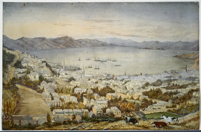 Aubrey, Christopher, fl 1868-1906 :[Te Aro and Wellington Harbour]. 1889.