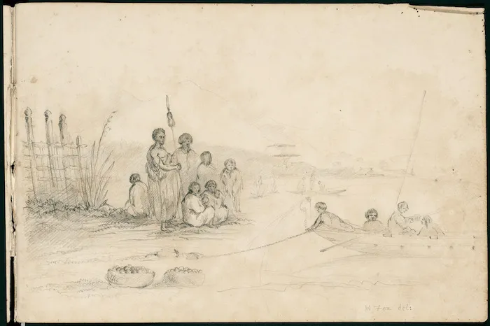 Fox, William 1812-1893 :[Maori on shore watching a canoe beach. Kits of food beside the group. 1845?]