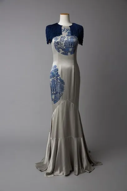 Silver evening dress with blue willow print