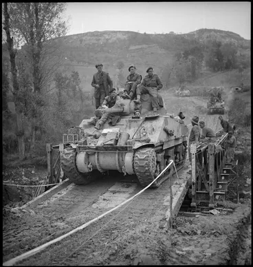 Image: Army tank crossing the Sangro River, Italy