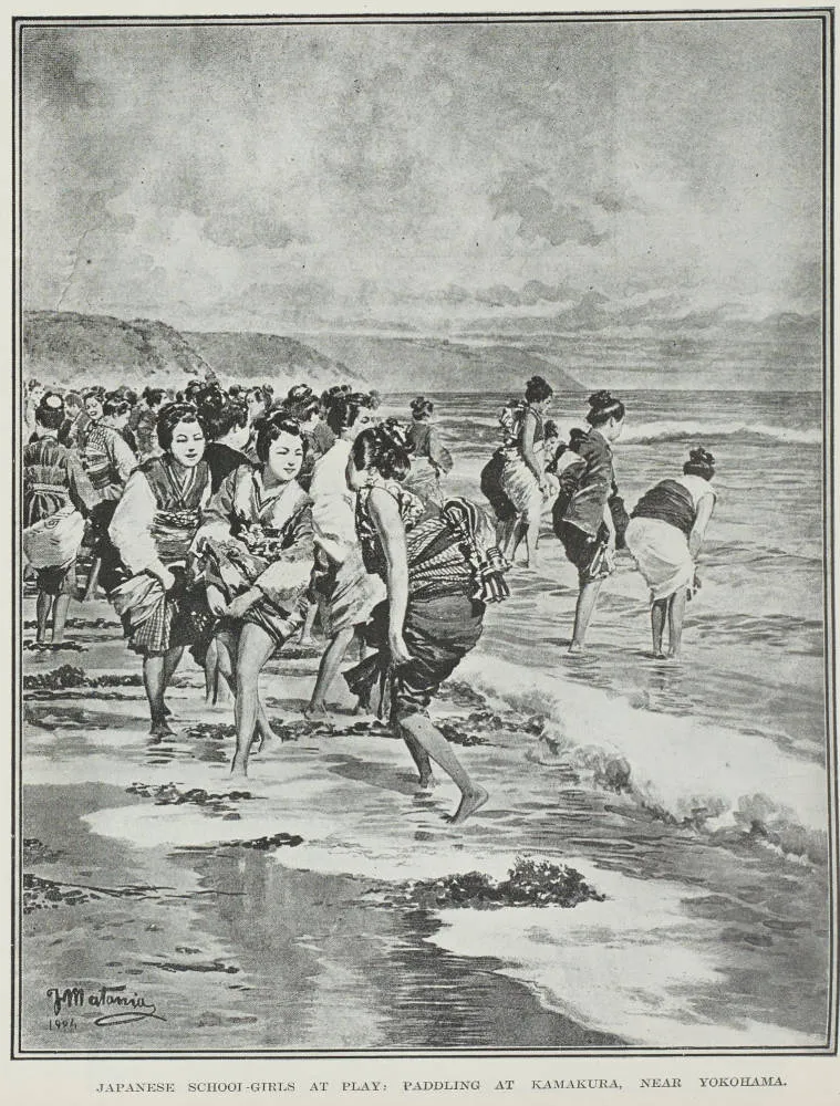 Japanese school-girls at play: paddling at Kamakura, near Yokohama