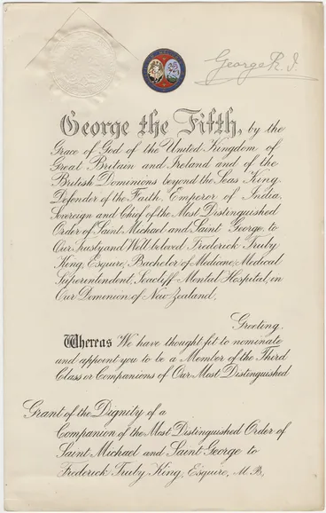 Warrant for Truby King’s Knighthood Image: Warrant for Truby King’s Knighthood