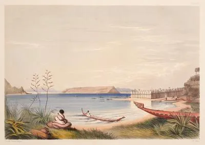 Rangihaeata's Pah, with the Island of Mana and the opposite shores of Cook's Straits