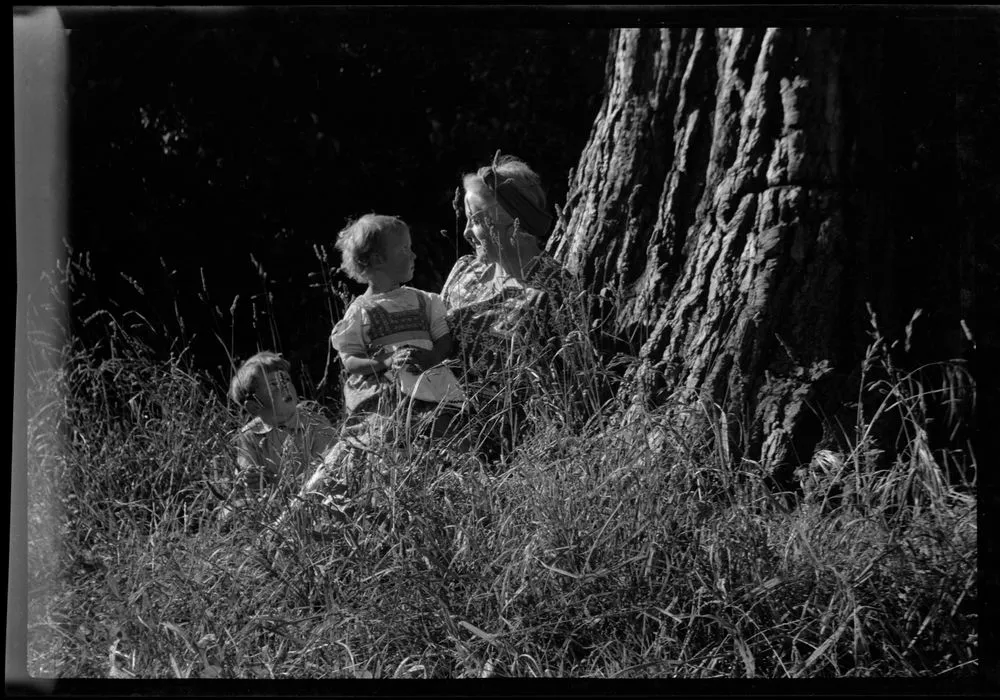Evelyn Page with her children Anna and Sebastian, 'Waitahuna', Governors Bay, Xmas holiday 1944
