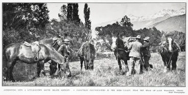 Journeying into a little-known South Island district: a pack-train photographed in the Rees valley, near the head of Lake Wakatipu, Otago Image: Journeying into a little-known South Island district: a pack-train photographed in the Rees valley, near the head of Lake Wakatipu, Otago