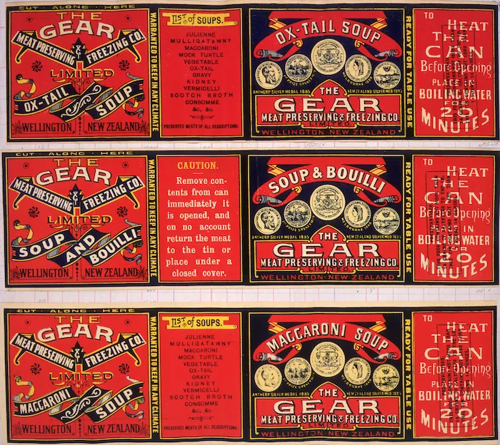 Gear Meat Company :[Three labels for Ox-tail soup; Soup and bouilli; and, Maccaroni soup]. Gear Meat Preserving & Freezing Company of New Zealand, Wellington New Zealand. [1890-1920].