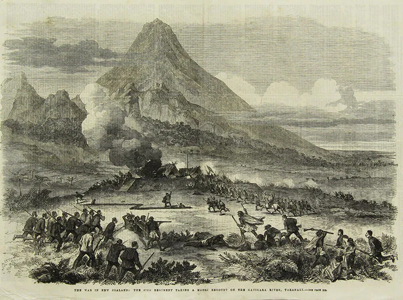 "The War in New Zealand. The 57th Regiment taking a Maori Redoubt on the Katikara River, Taranaki"