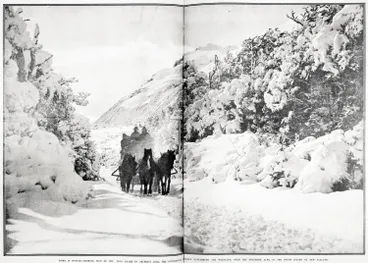 Image: Otira in winter : striking view of the mail coach in Arthur's Pass, the connecting road between Canterbury and Westland, over the southern alps, in the South Island of New Zealand