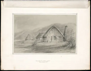 Image: Swainson, William, 1789-1855 :Huts of the first settlers in ruins. Petoni Beach, N.Zd. [ca 1846]