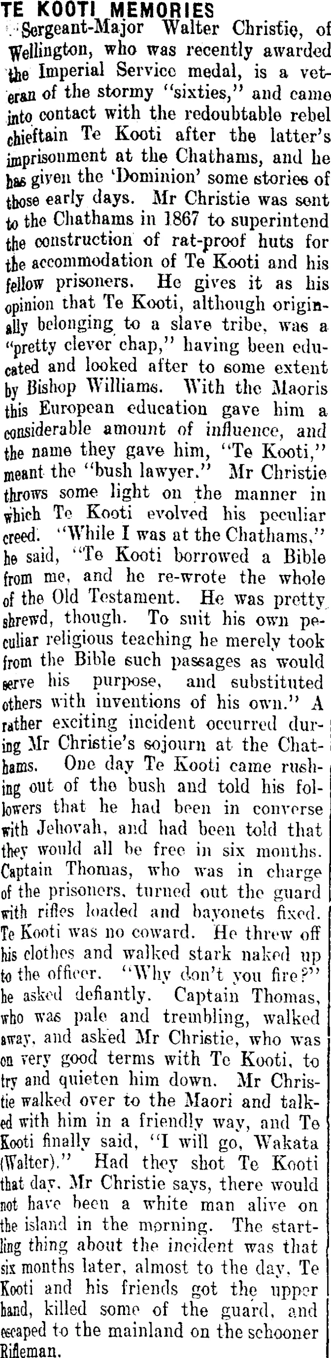 TE KOOTI MEMORIES. (Clutha Leader 13-7-1909)