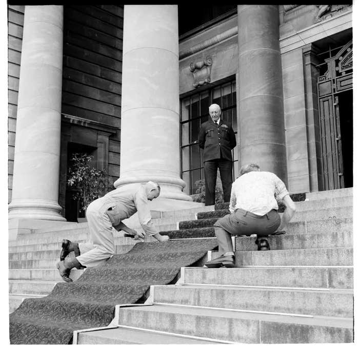 Rolling out the red carpet at Parliament, for the arrival of Japanese Prime Minister Tanaka, October 1974