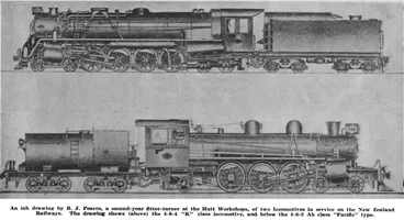 Image: An ink drawing by R. J. Pearce, a second-year fitter-turner at the Hutt Workshops, of two locomotives in service on the New Zealand Railways. The drawing shows (above) the 4-8-4 “K” class locomotive, and below the 4-6-2 Ab class “Pacific” type