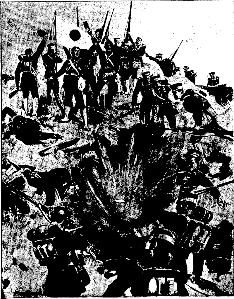 JAPANESE KILLED BY ONE OF THEIR OWN SHELLS AT THE BATTLE OF THE YALU. The Japanese troops had gained the summit of the conical hill at Chu-li&n-cheng, and were cheering and planting their flag, when a shell from one of their own howitzers fell among them. Sixteen soldiers were killed with "Ba :zai!" on iheir lipi. (Otago Witness, 24 August 1904)