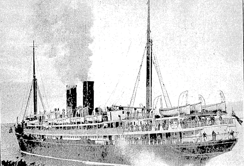ADRIFT IN THE TASMAN.—The steamer Maheno, which left Australia on July 3 for Japan, is reported to be drifting helplessly in a cyclone off the Queensland coast. Without propellers, she was being towed by the Oonah, both vessels being on the way to Japan to be broken up. The above photograph was taken on. the last occasion the Maheno was in New Zealand. (Evening Post, 10 July 1935)